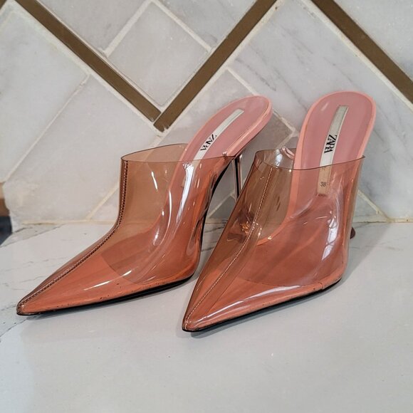 ZARA Vinyl heeled mules pointed toes transparent heels rose color Size 38 US 7.5 - Picture 12 of 15